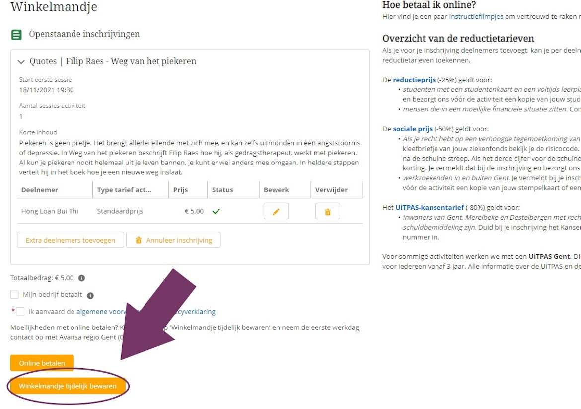 Screenshot Winkelmandje tijdelijk bewaren